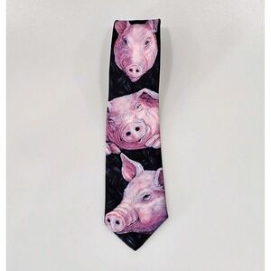 Ralph Marlin Black Novelty Tie - Pink Pig Portraits. 100% Polyester. Made In USA